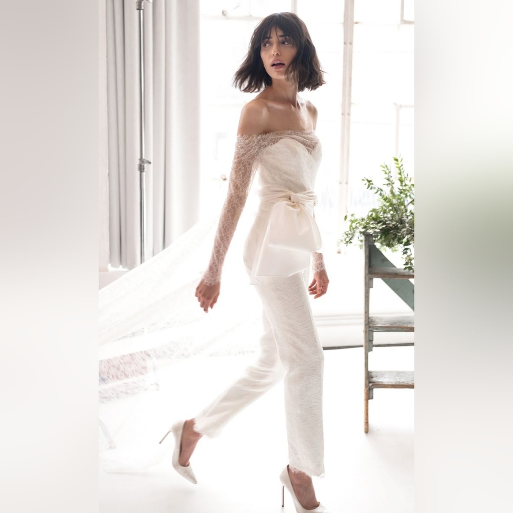 Sz 6 NWT $3990 Carolina Herrera Lourdes bridal lace jumpsuit with belt - Picture 3 of 9